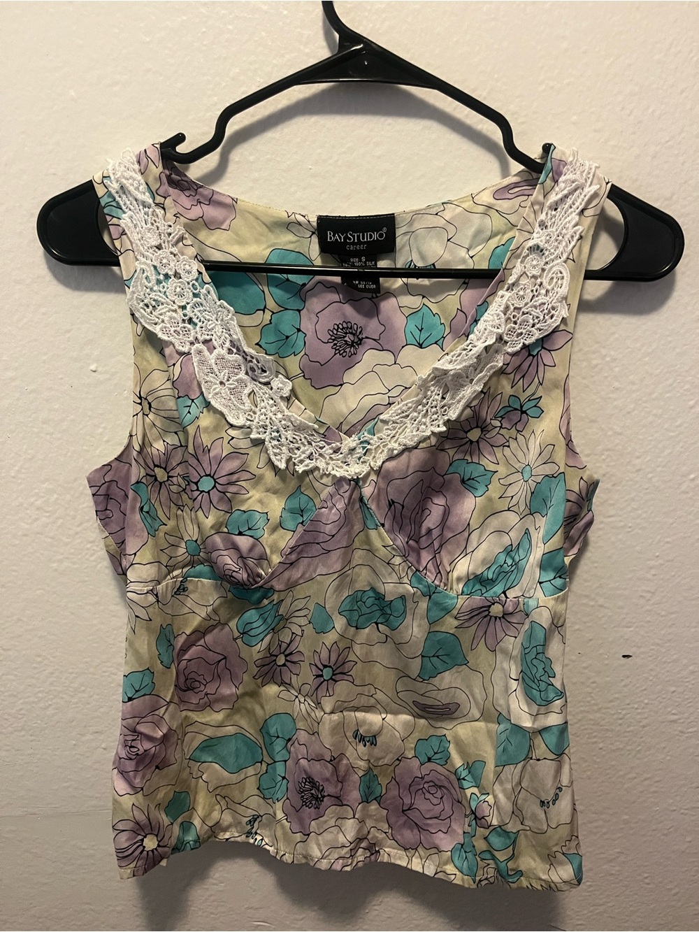 Bay Studio Lavender and Teal Floral Lace-Trim Camisole 100% Silk
